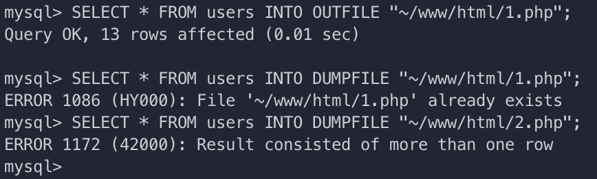 Figure 10: SELECT &hellip; INTO OUTFILE/DUMPFILE &lsquo;file_name&rsquo;